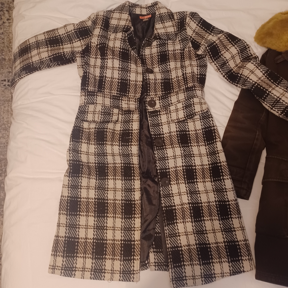 Plaid Brown and Cream Long Coat With Pockets